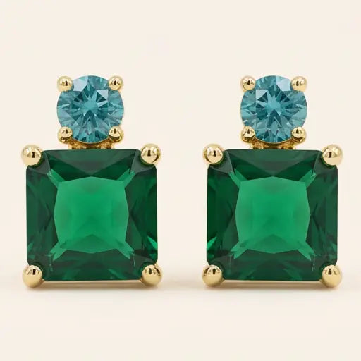 Gold Filled Emerald-Cut Green and Blue Stud Earrings